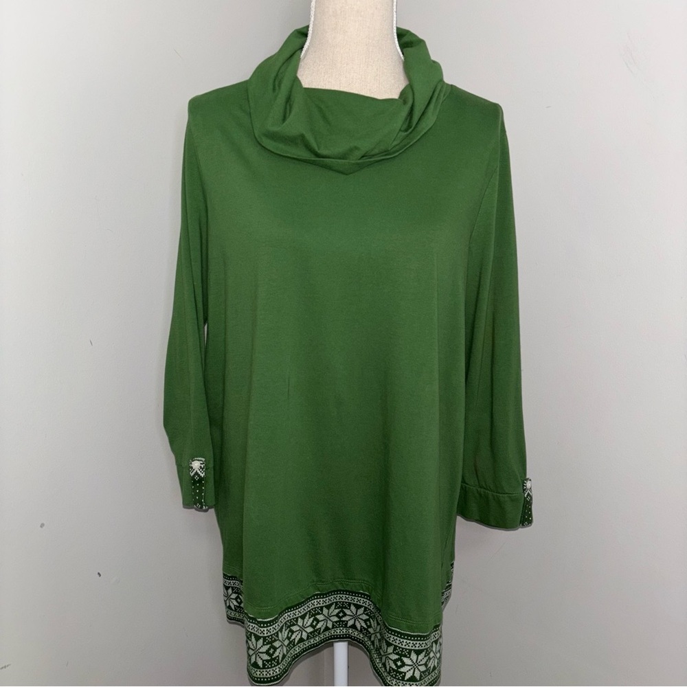 Kim Rogers green fair isle trim 3/4 sleeve cowl neck knit tunic top size large